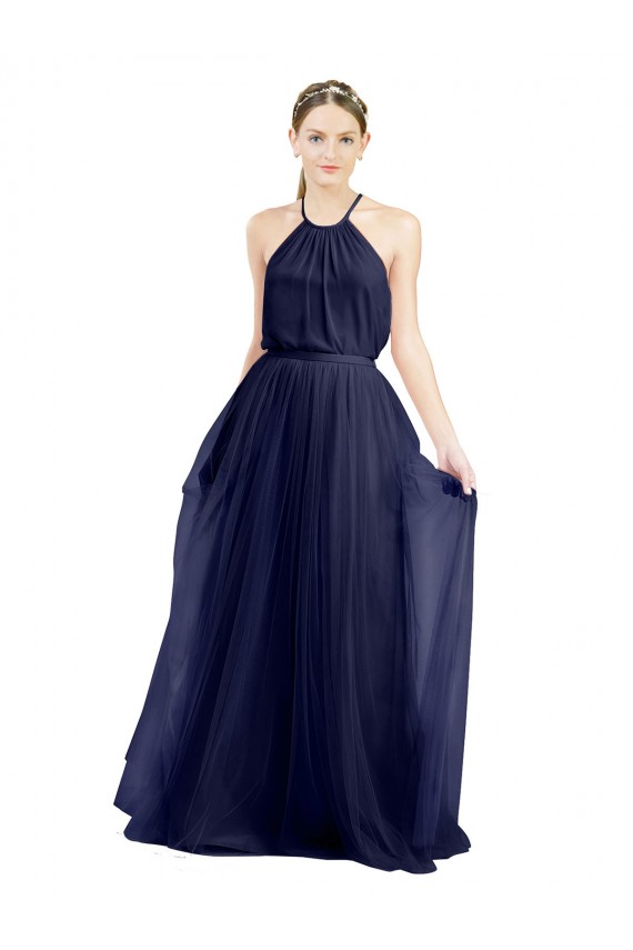 Affordable Sleeveless High Neck Tulle Navy Blue Long Semi Formal Evening Dress