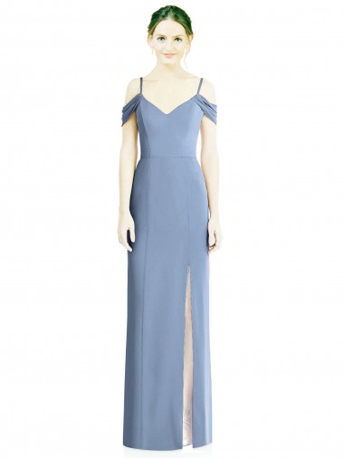 Affordable Cold Shoulder Jewel Soft Chiffon Dusty Blue Long Formal Evening Dress