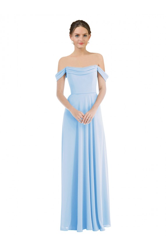 Affordable Sleeveless Off the Shoulder Soft Chiffon Light Sky Blue Long Formal Evening Dress