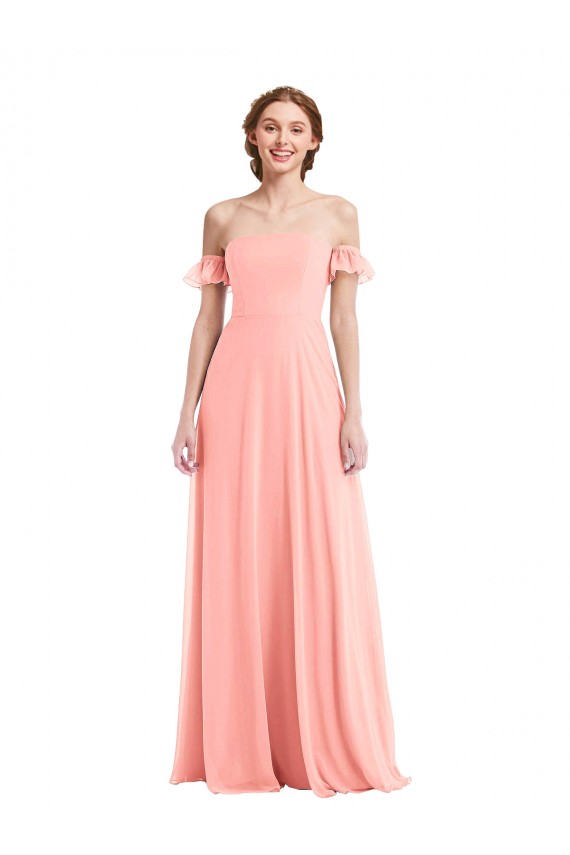 Affordable Flutter Sleeves Off the Shoulder Soft Chiffon Salmon Long Semi Formal Evening Dress