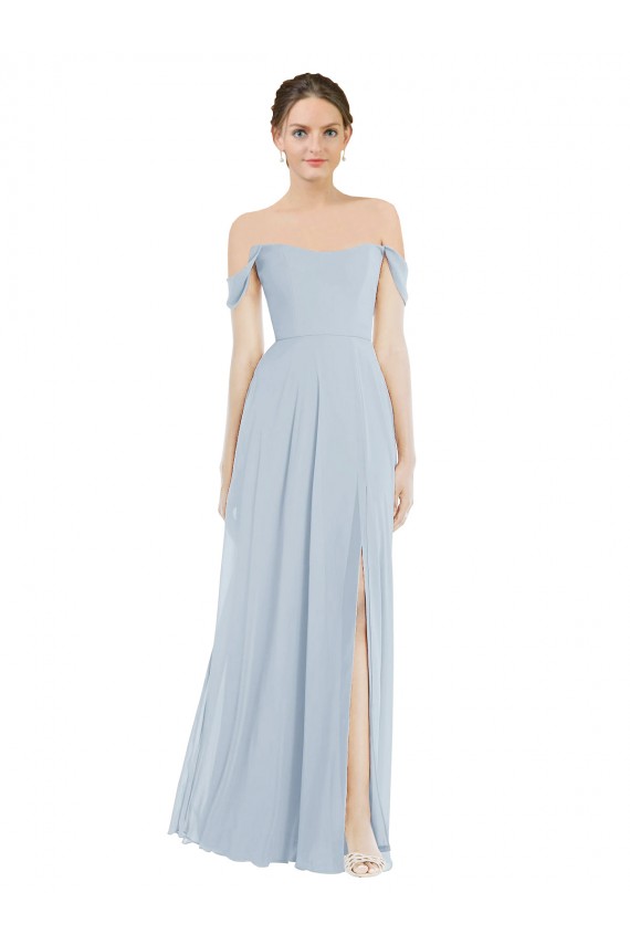 Affordable Flounce Sleeves Off the Shoulder Soft Chiffon Sea Glass Long Semi Formal Evening Dress