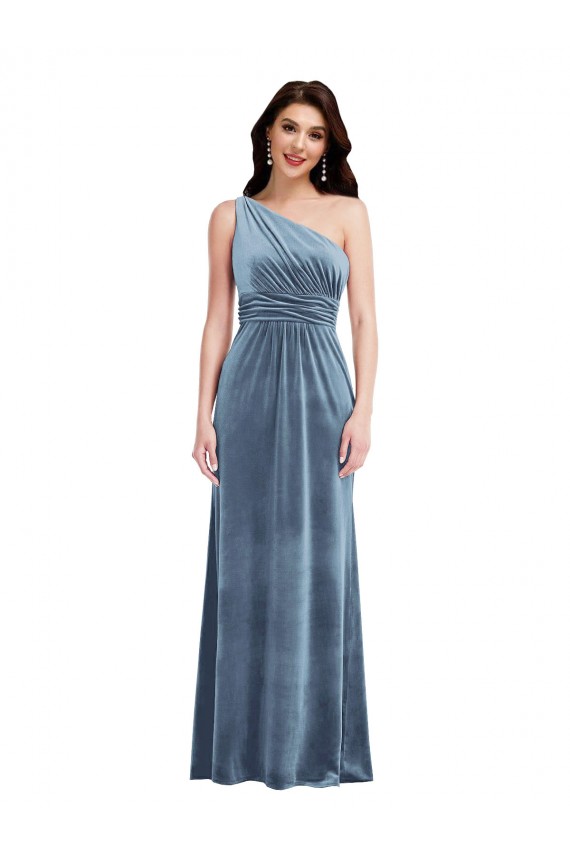 Affordable Sleeveless Off the Shoulder Stretch Velvet Dusty Blue Long Evening Dress