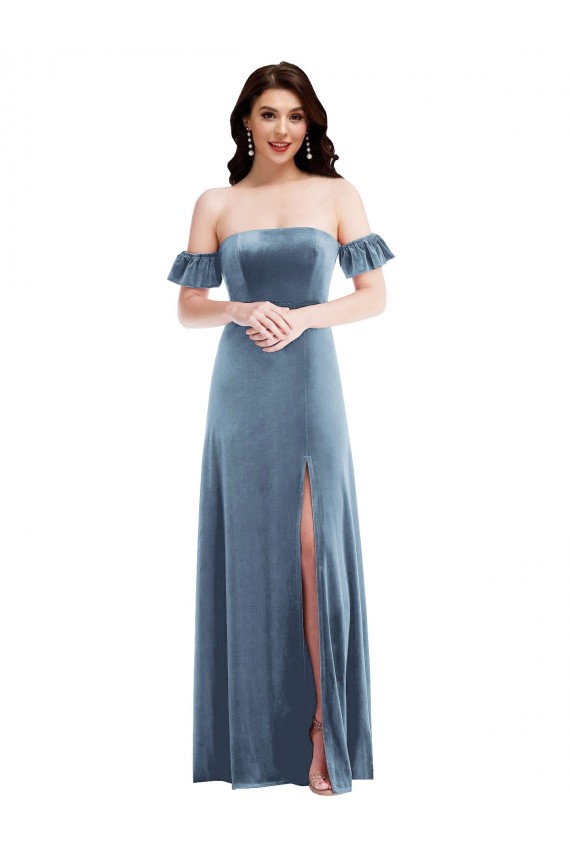 Affordable Ruffle Sleeves Off the Shoulder Stretch Velvet Dusty Blue Long Formal Dress