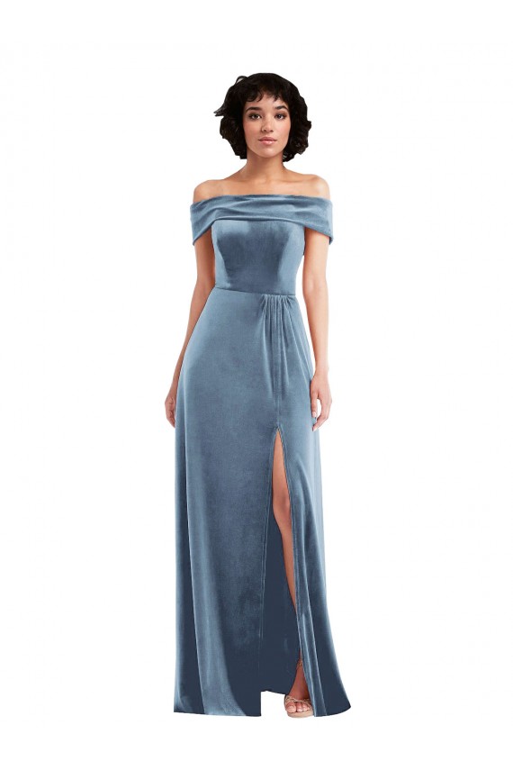 Affordable Sleeveless Off the Shoulder Stretch Velvet Dusty Blue Long Semi Formal Evening Dress