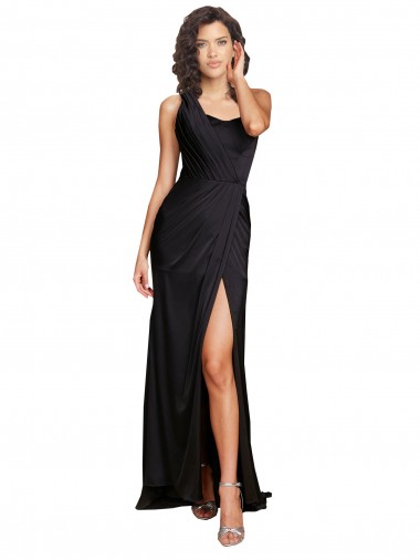 Affordable Sleeveless One Shoulder Silky Satin Black Long Evening Dress
