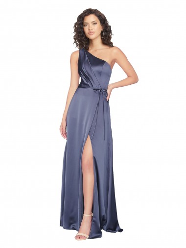 Affordable Sleeveless One Shoulder Silky Satin Dusk Long Formal Evening Dress