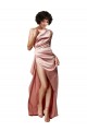 Affordable Sleeveless One Shoulder Silky Satin Dusty Pink Long Formal Evening Dress