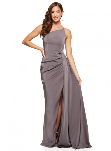 Affordable Sleeveless One Shoulder Silky Satin Slate Grey Long Formal Evening Dress