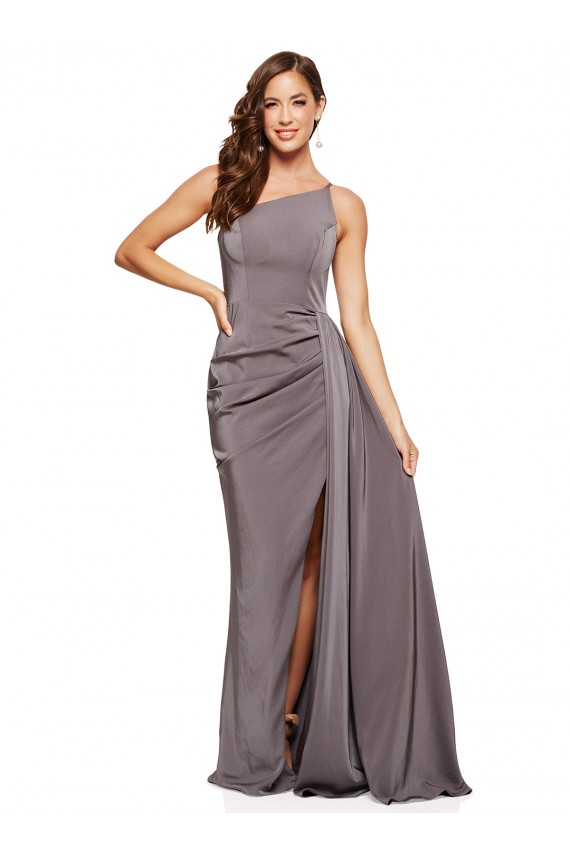 Affordable Sleeveless One Shoulder Silky Satin Slate Grey Long Formal Evening Dress