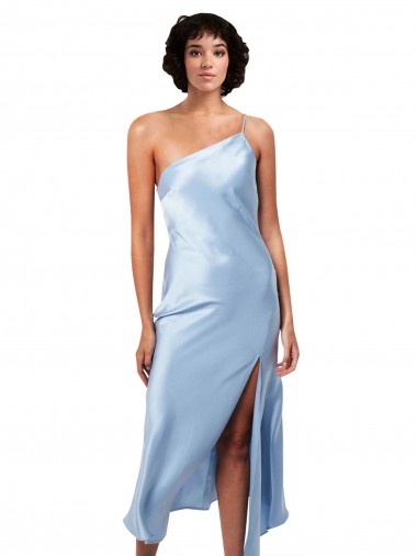 Affordable Sleeveless One Shoulder Silky Satin Light Sky Blue Midi Length Formal Evening Dress