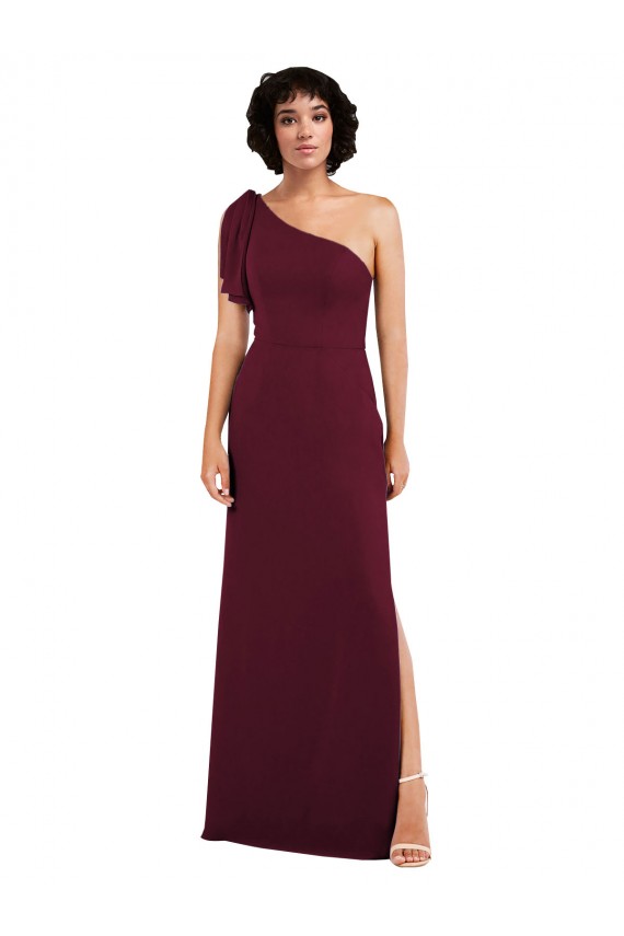 Affordable Sleeveless One Shoulder Soft Chiffon Burgundy Long Formal Evening Dress