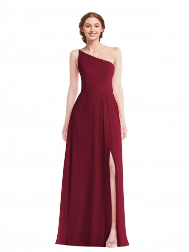 Affordable Sleeveless One Shoulder Soft Chiffon Burgundy Long Semi Formal Evening Dress