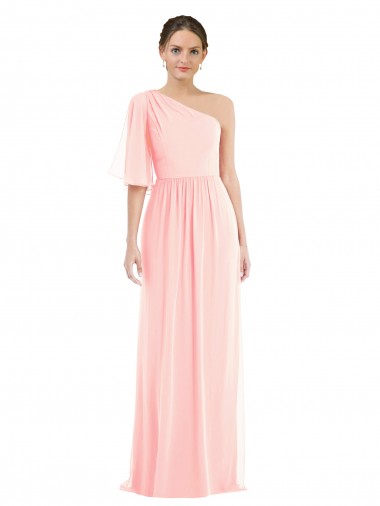 Affordable Bell Sleeves One Shoulder Soft Chiffon Pink Long Semi Formal Evening Dress