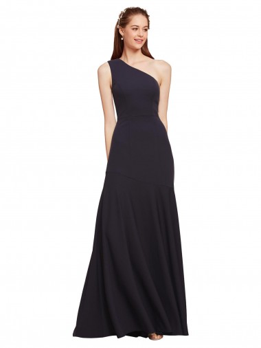 Affordable Sleeveless One Shoulder Stretch Crepe Dark Navy A-Line Long Formal Evening Dress