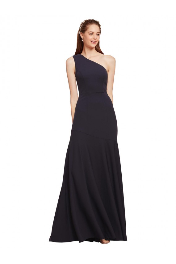Affordable Sleeveless One Shoulder Stretch Crepe Dark Navy A-Line Long Formal Evening Dress