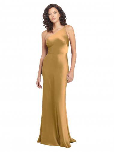 Affordable Sleeveless One Shoulder Stretch Satin Gold Long Formal Evening Dress