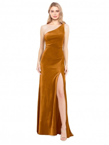 Affordable Sleeveless One Shoulder Stretch Velvet Gold Long Formal Evening Dress