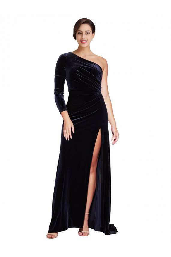 Affordable Long Sleeves One Shoulder Stretch Velvet Dark Navy Sweep Train Formal Evening Dress