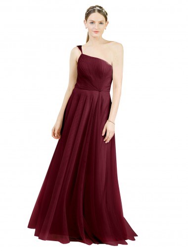 Affordable Sleeveless One Shoulder Tulle Burgundy Long Semi Formal Evening Dress