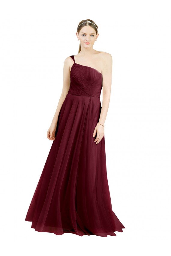 Affordable Sleeveless One Shoulder Tulle Burgundy Long Semi Formal Evening Dress