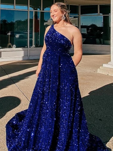 Affordable Sleeveless One Shoulder Velvet Sequin Royal Blue Sweep Train Evening Dress