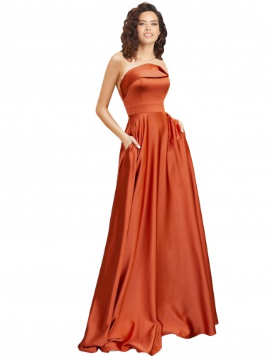 Affordable Sleeveless Round Neck Silky Satin Burnt Orange Sweep Train Formal Evening Dress
