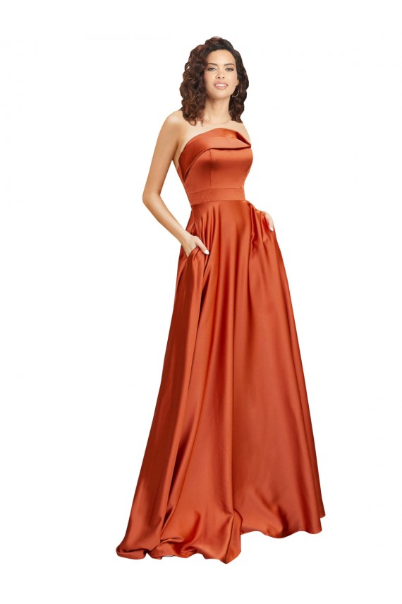 Affordable Sleeveless Round Neck Silky Satin Burnt Orange Sweep Train Formal Evening Dress