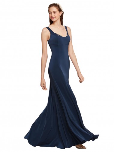 Affordable Sleeveless Round Neck Stretch Crepe Dark Navy Long Evening Dress