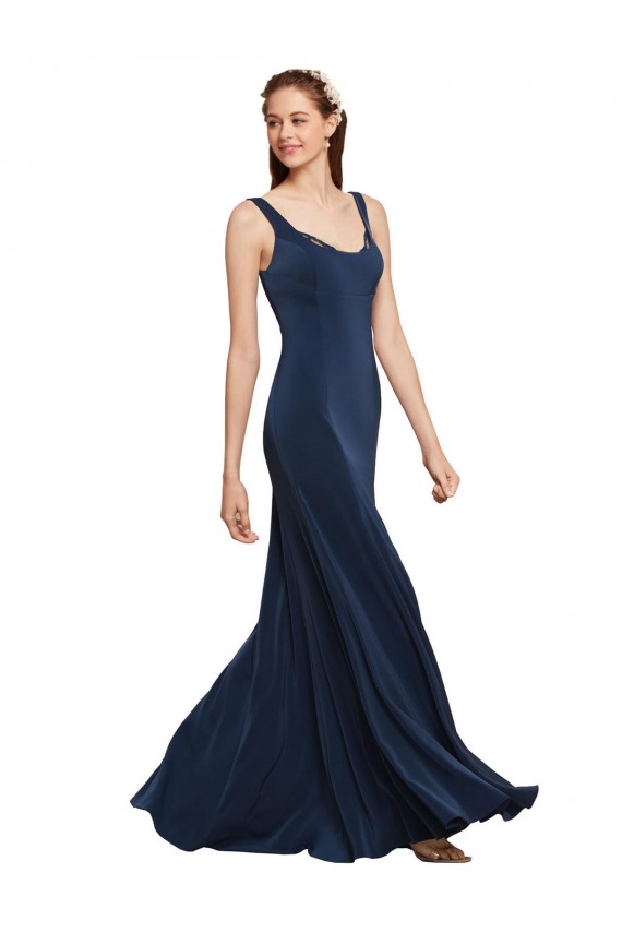 Affordable Sleeveless Round Neck Stretch Crepe Dark Navy Long Evening Dress