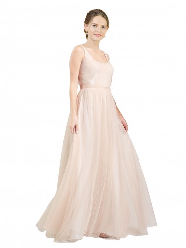 Affordable Sleeveless Scoop Neck Tulle Pink Long Semi Formal Evening Dress