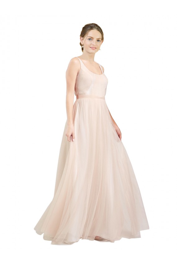 Affordable Sleeveless Scoop Neck Tulle Pink Long Semi Formal Evening Dress