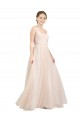 Affordable Sleeveless Scoop Neck Tulle Pink Long Semi Formal Evening Dress