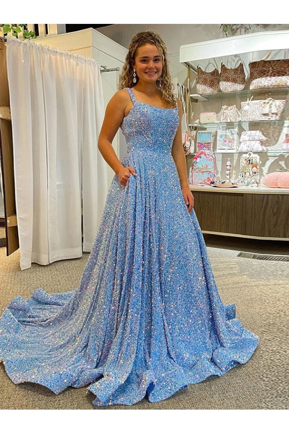 Affordable Sleeveless Scoop Neck Velvet Sequin Court Train Evening Dress