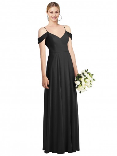 Affordable Cold Shoulder Spaghetti Straps Soft Chiffon Black Long Semi Formal Evening Dress