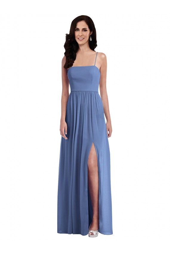 Affordable Sleeveless Spaghetti Straps Soft Chiffon Windsor Blue Long Semi Formal Evening Dress