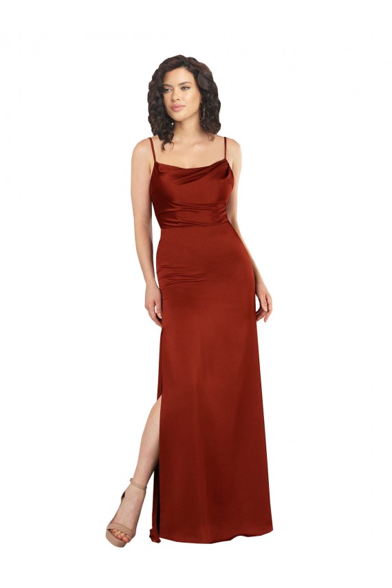 Affordable Sleeveless Square Neck Silky Satin Red Long Formal Evening Dress