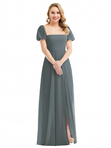 Affordable Puff Sleeves Square Neck Soft Chiffon Slate Grey Long Semi Formal Evening Dress