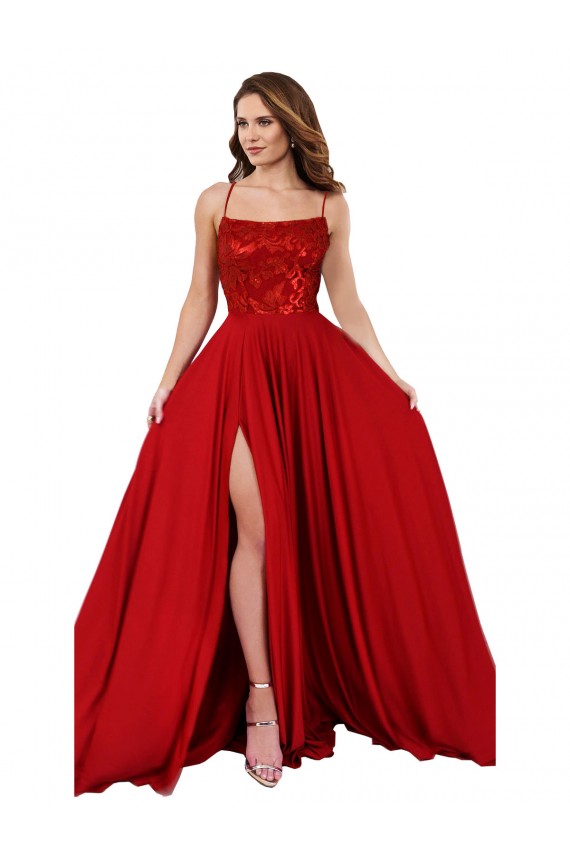 Affordable Sleeveless Square Neck Spandex & Lace Red Long Semi Formal Evening Dress