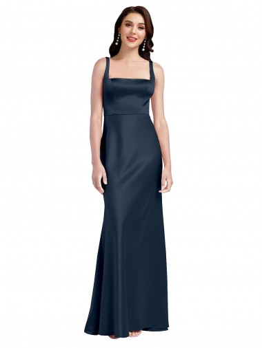 Affordable Sleeveless Square Neck Stretch Satin Dark Navy Long Formal Evening Dress