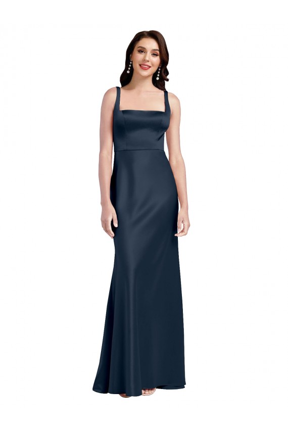 Affordable Sleeveless Square Neck Stretch Satin Dark Navy Long Formal Evening Dress
