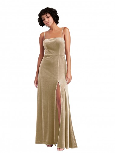 Affordable Sleeveless Square Neck Stretch Velvet Champagne Long Formal Evening Dress