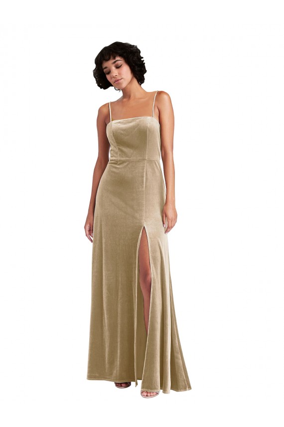 Affordable Sleeveless Square Neck Stretch Velvet Champagne Long Formal Evening Dress