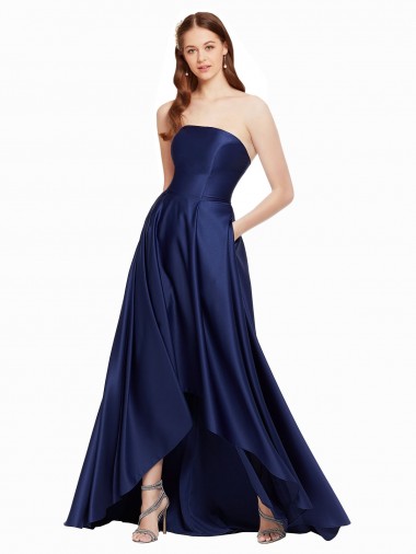 Affordable Sleeveless Strapless Satin Dark Navy Long High Low Evening Dress