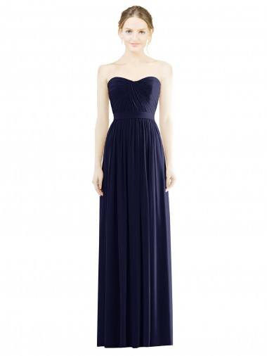 Affordable Sleeveless Strapless Soft Chiffon Dark Navy Long Formal Evening Dress