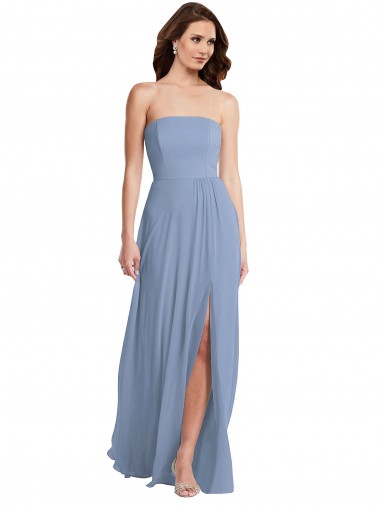Affordable Sleeveless Strapless Soft Chiffon Dusty Blue Long Semi Formal Evening Dress