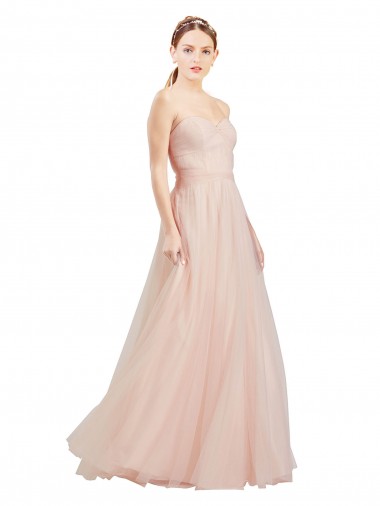 Affordable Sleeveless Strapless Tulle Pink Long Semi Formal Dress