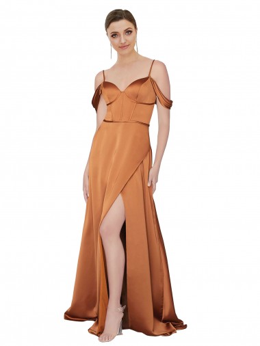 Affordable Cold Shoulder Sweetheart Silky Satin Orange Long Formal Evening Dress