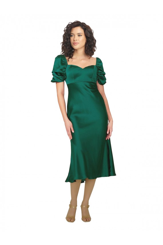 Affordable Short Sleeves Sweetheart Silky Satin Hunter Midi Length Formal Evening Dress