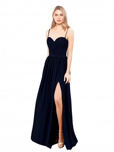 Affordable Sleeveless Sweetheart Soft Chiffon Dark Navy Long Formal Evening Dress