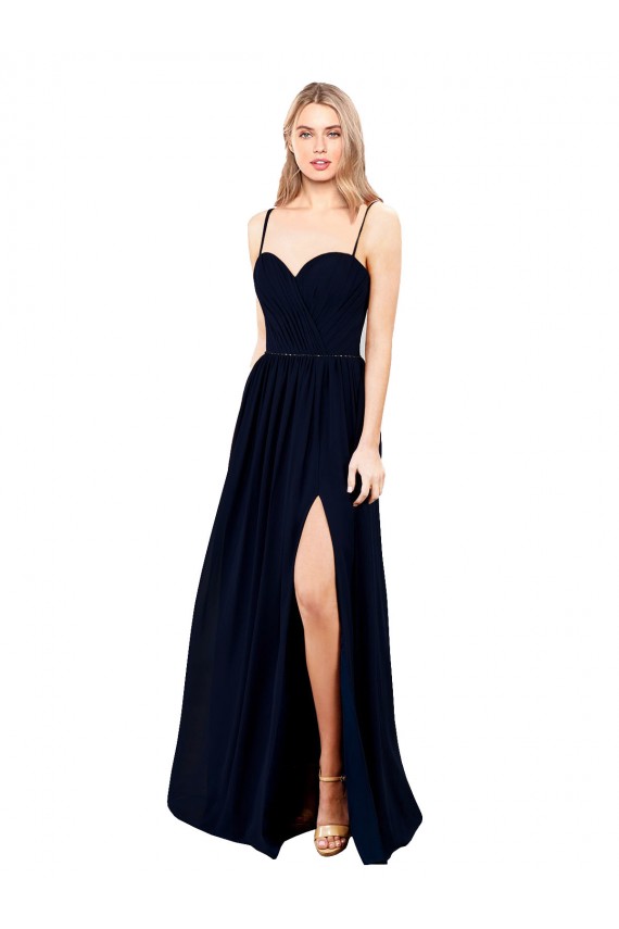 Affordable Sleeveless Sweetheart Soft Chiffon Dark Navy Long Formal Evening Dress